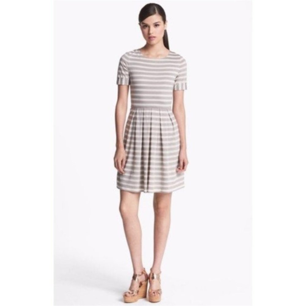 Ivy & Blu for Maggy Boutique Cream & Tan Striped Roll Sleeve Knit Dress